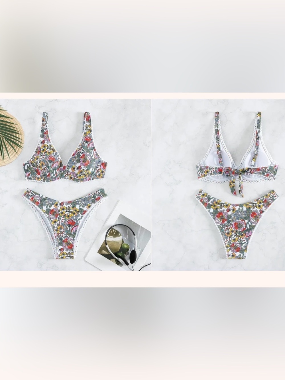 Floral Lace-Trim Bralette & Bikini Set - White Multicolor small